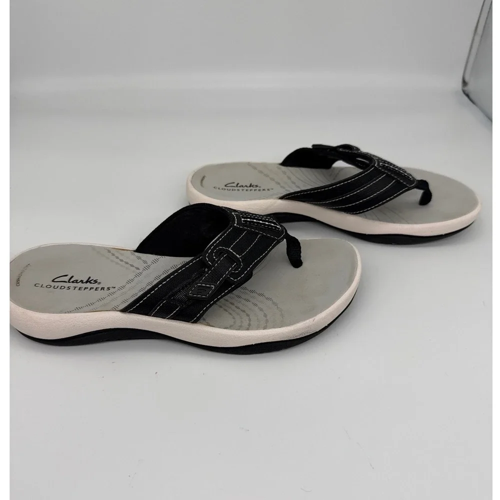 Clarks Cloudsteppers Arla Glison Womens 6 Black Grey Thong Flip Flop Sandals‎